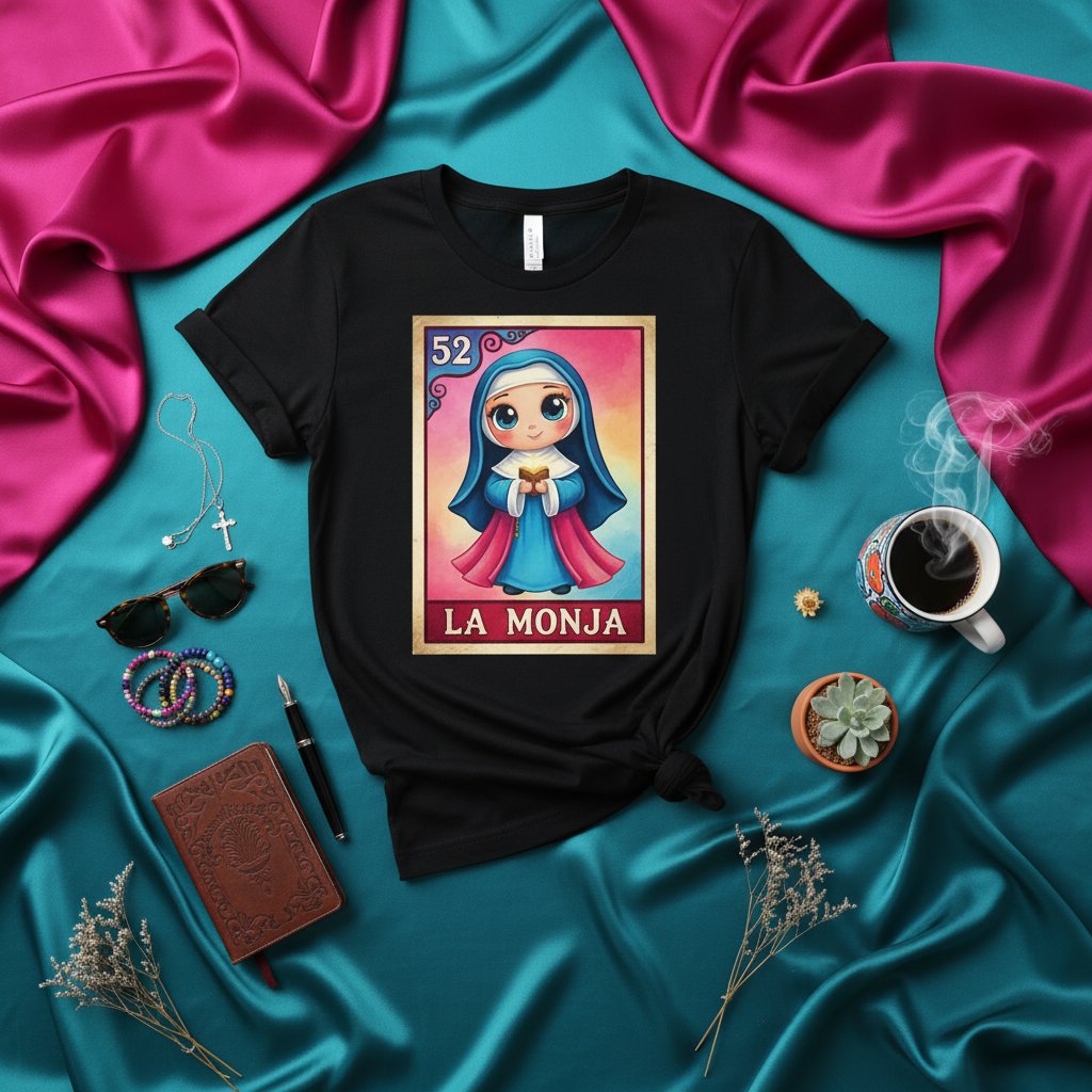 LA MONJA Loteria Card T-Shirt Cute Nun Art Mexican Bingo Game Design Unisex Tee Gift for Religious Friends or Cultural Celebrations