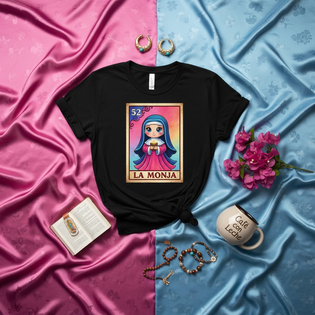 LA MONJA Cute Nun La Lotería Card 52 Unisex Graphic T-Shirt | Mexican Bingo Game Art | Traditional Culture Gift Shirt for Women Men