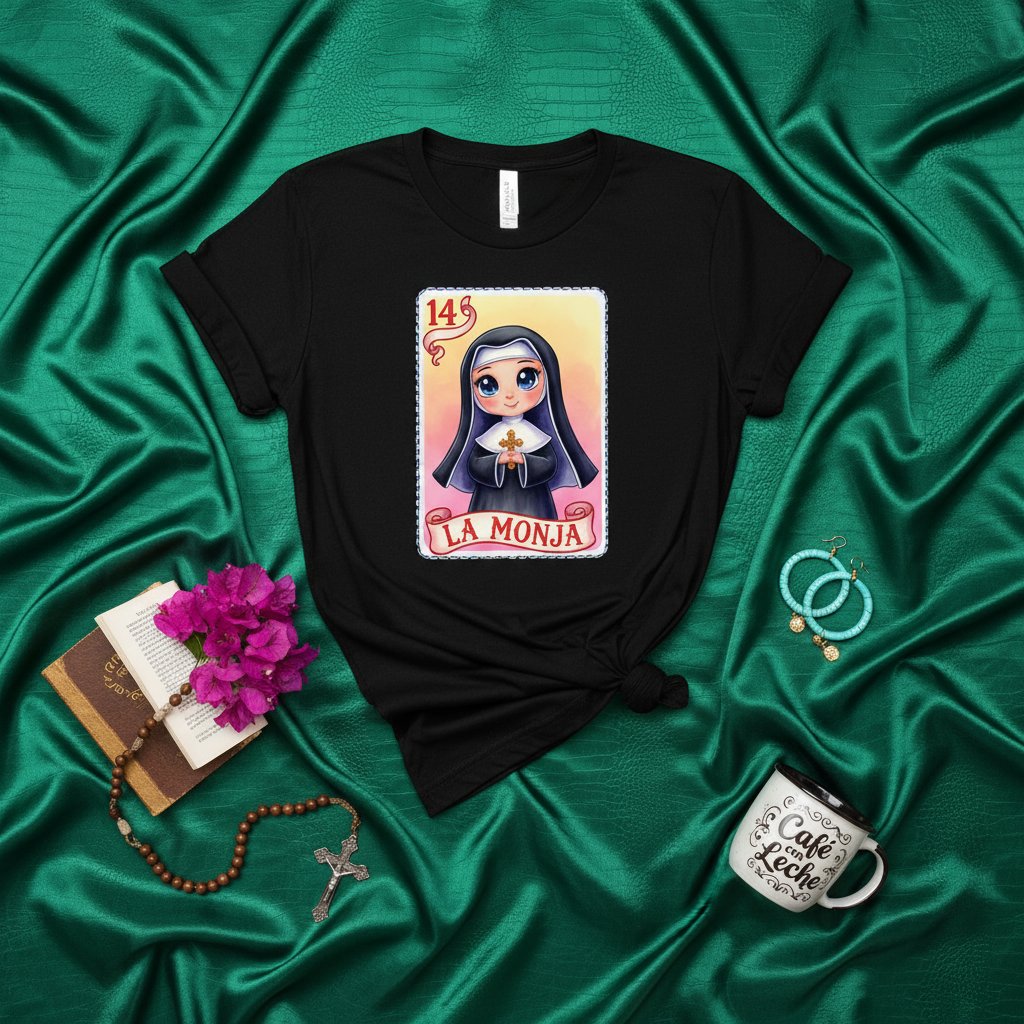 LA MONJA Loteria Card T-Shirt Cute Nun Catholic Sister Character Graphic Tee Mexican Bingo Game Day Apparel Gift for Women and Men