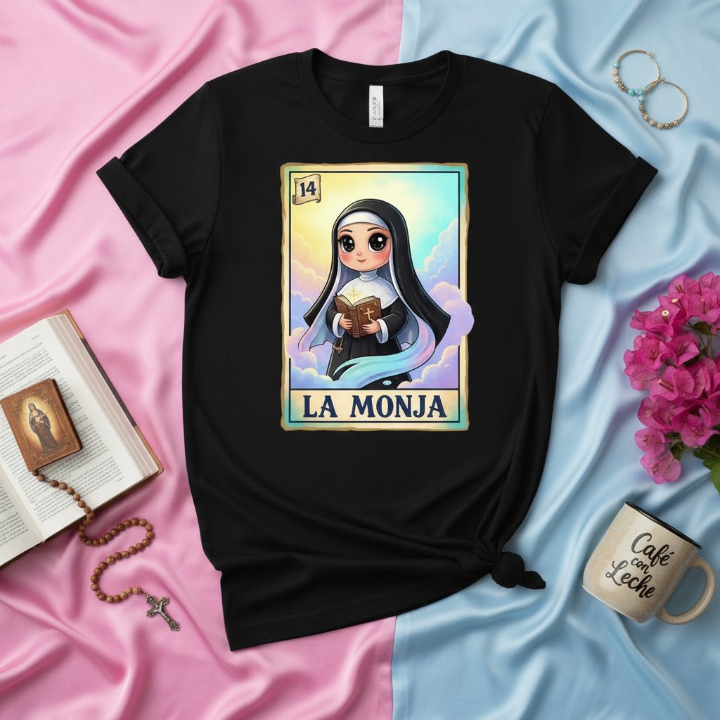 LA MONJA Loteria Card T-Shirt: Cute Nun Kawaii Graphic Tee, Number 14 La Monja Bingo Design, Funny Mexican Culture Gift Shirt, Unisex Black Top