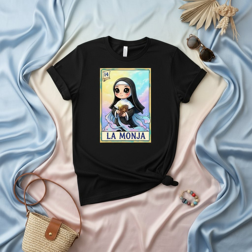 La Monja Cute Chibi Nun Loteria Card Art Unisex T-Shirt - Mexican Bingo Game Player Gift Tee