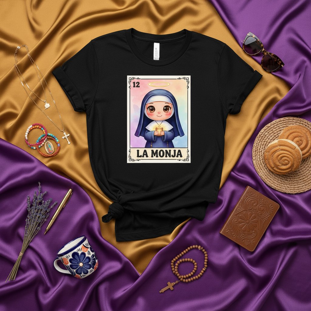 LA MONJA Cute Nun Lotería Card 12 Graphic T-Shirt | Funny Mexican Bingo Game Catholic Religious Humor Unisex Tee Shirt Gift Idea