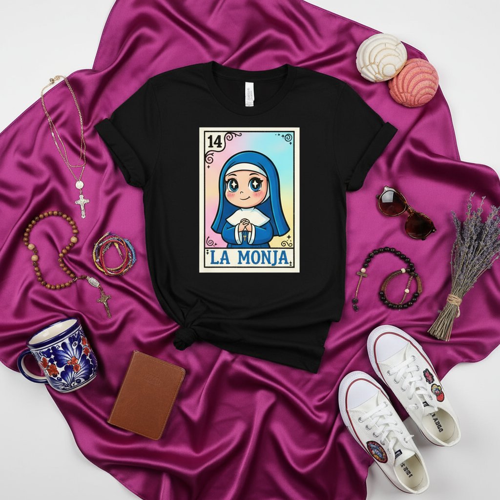 'LA MONJA' Loteria Card Graphic T-Shirt - Cute Nun Kawaii Mexican Bingo Game Design, Religious Catholic Themed Unisex Black Tee Gift for Her Him