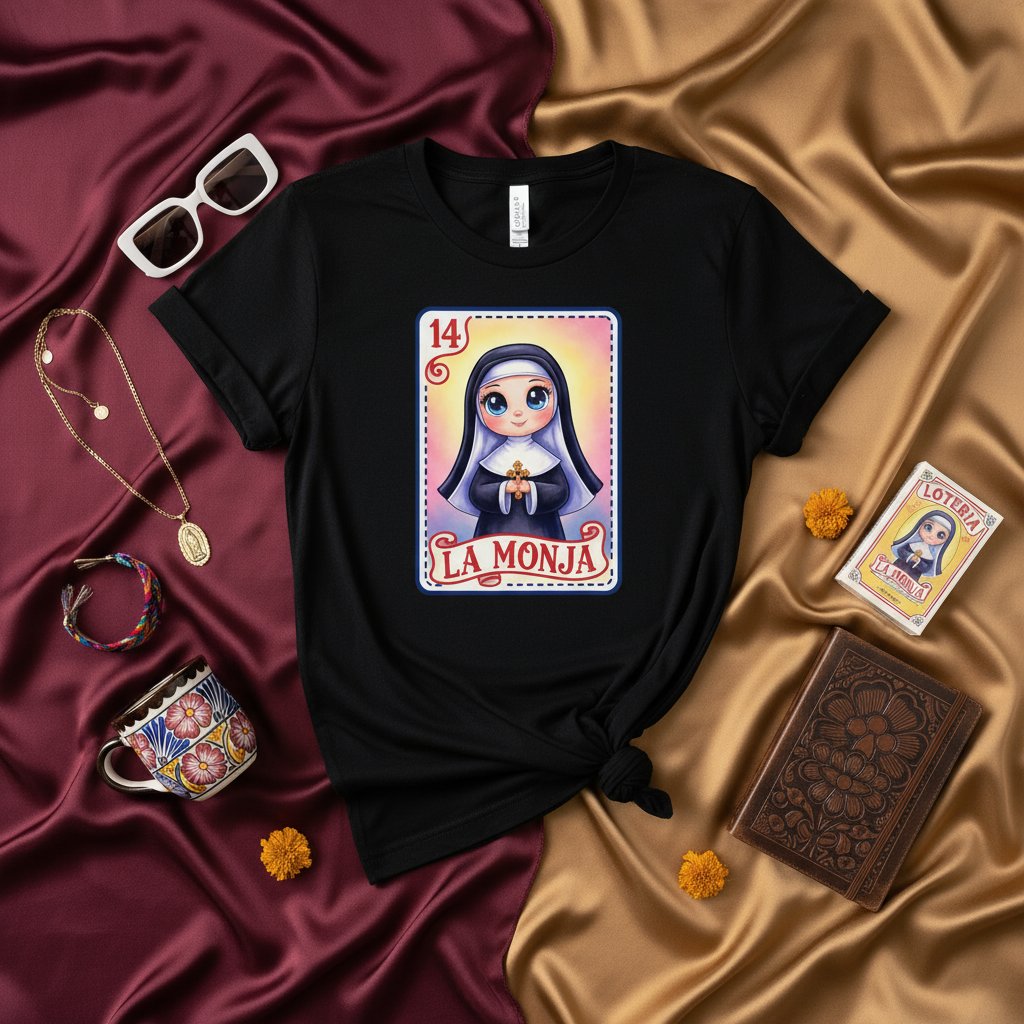 LA MONJA La Lotería Card 14 Cute Nun T-Shirt | Mexican Bingo Game Graphic Tee for Women & Men | Funny Catholic Sister Shirt Gift Idea
