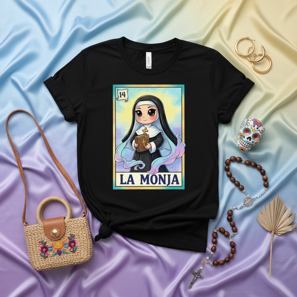 LA MONJA Loteria Card T-Shirt, Cute Nun Graphic Tee, Number 14 La Monja Card, Mexican Bingo Style Shirt, Unisex Gift Idea