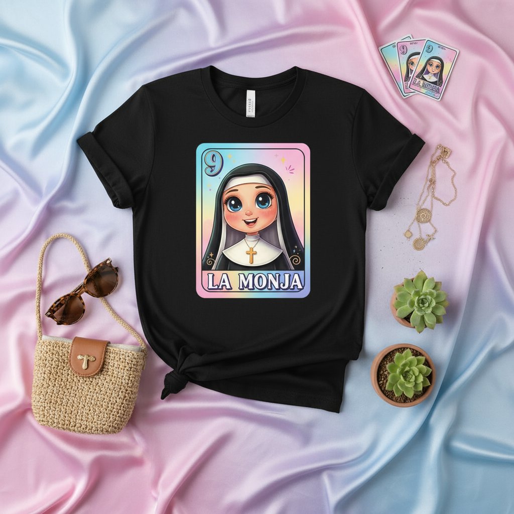 LA MONJA Cute Nun Loteria Card Graphic Tee Kawaii Mexican Bingo Inspired Unisex T-Shirt Religious Costume Game Night Gift Idea for Women and Men