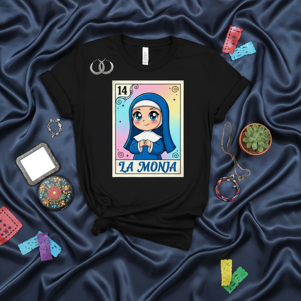 LA MONJA Cute Nun Loteria Card Graphic Tee, Number 14 Mexican Bingo Style Unisex T-Shirt, Religious Kawaii Pastel Design Apparel Gift