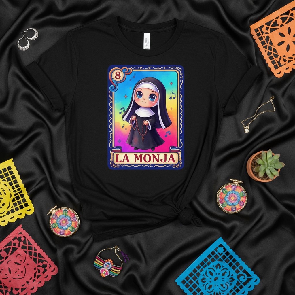 LA MONJA Cute Nun Kawaii Loteria Card Graphic Tee Shirt for Women Men Unisex Mexican Bingo Game Costume Halloween Gift Idea