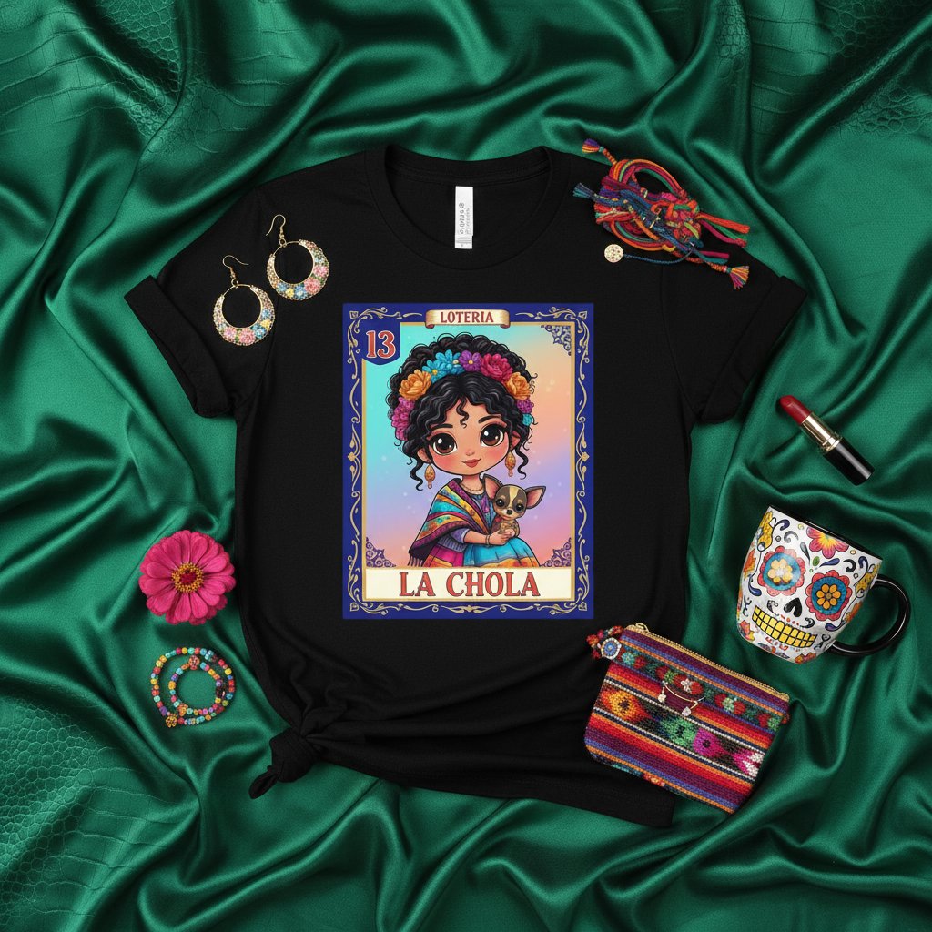 LA CHOLA Loteria Card T-Shirt Cute Chicana Girl Chihuahua Dog Floral Crown Mexican Culture Game Art Tee for Women Men Unisex Gift Shirt